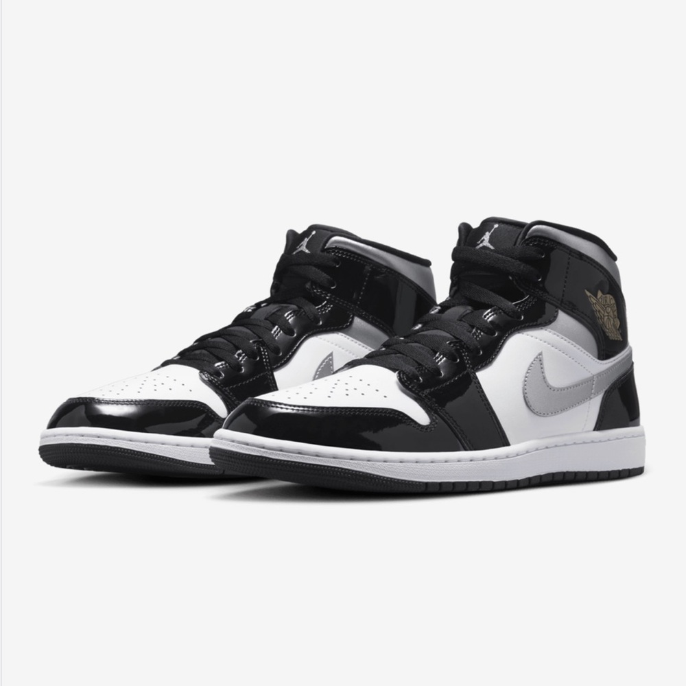 New Jordan 1 Mid SE Patent Black White Metallic Silver and Gold